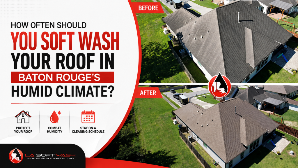 Before-and-after roof soft washing in Baton Rouge showing a cleaner asphalt shingle roof in Louisiana's humid climate