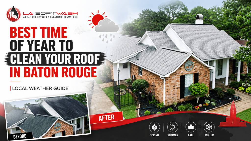 Best time of year to clean a roof in Baton Rouge, LA, featuring LA SoftWash and a before-and-after roof cleaning example.