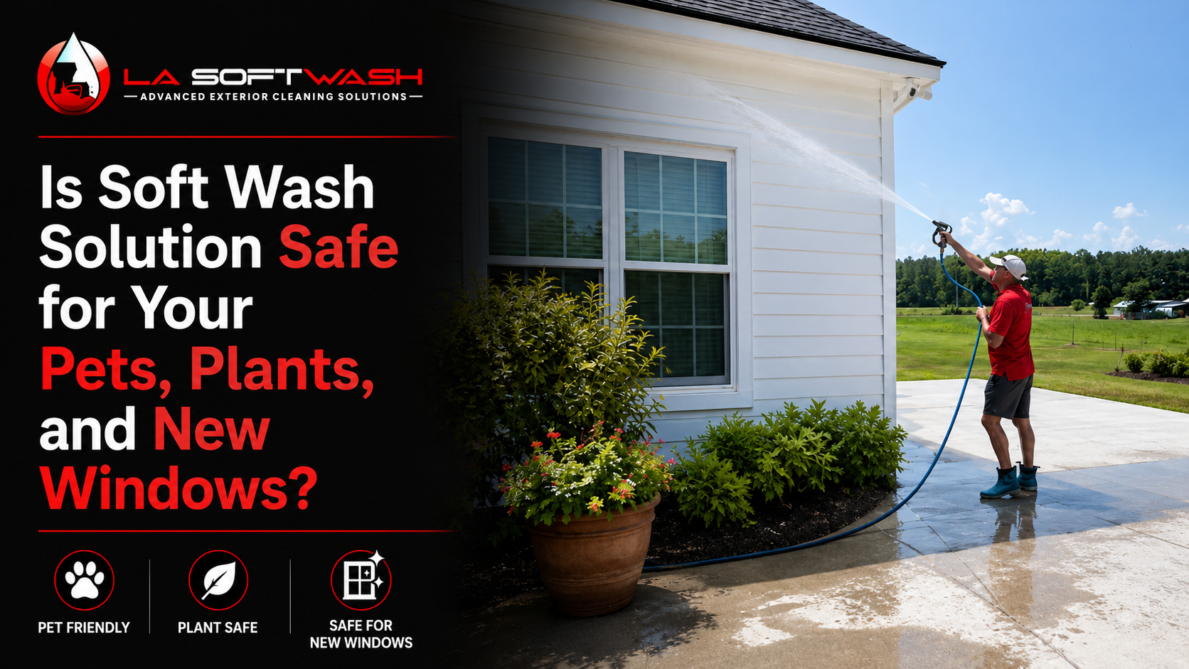 Soft washing a home while protecting pets, plants, and new windows